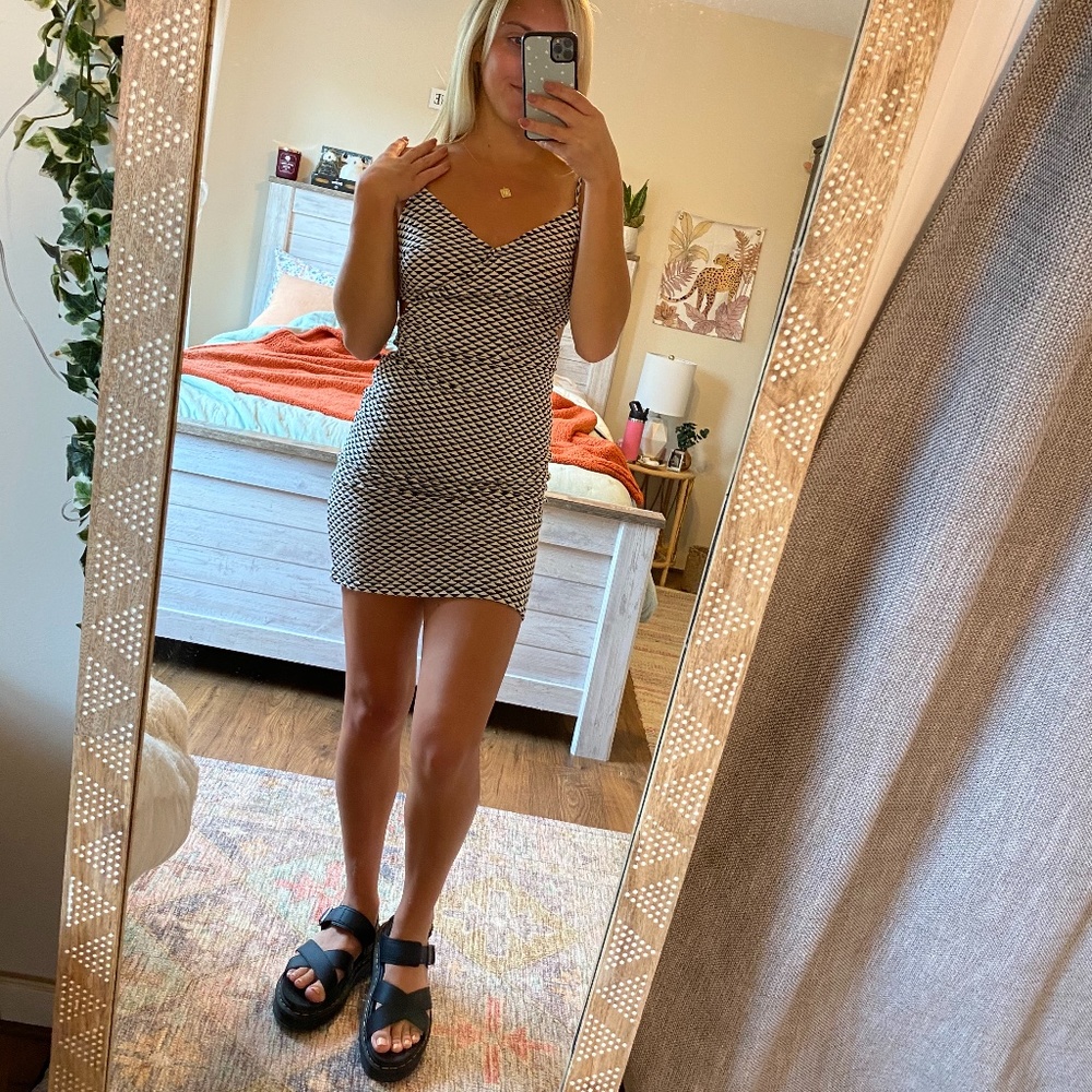 H&M Black and White Patterned Cut Out Mini Dress